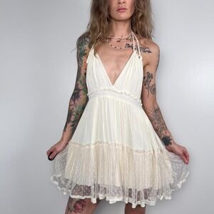 Teeraphique Cream Cottagecore Halter Mini Dress | Size Medium